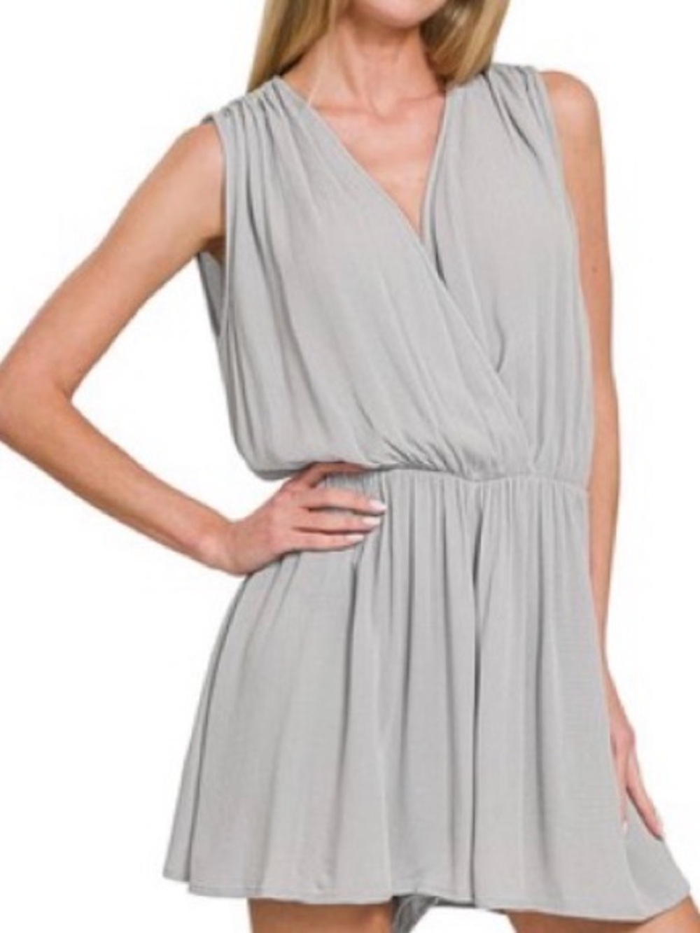 Zenana Outfitters Light Gray Sleeveless Surplice Romper